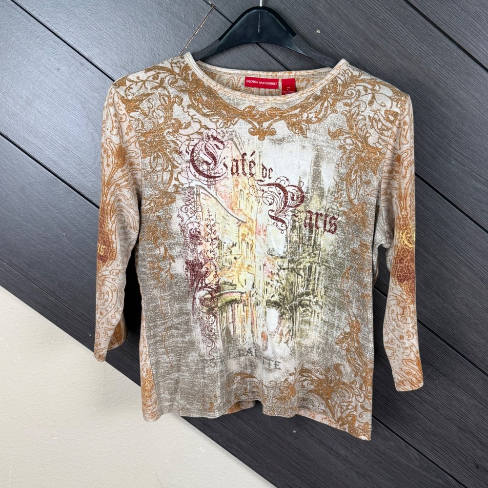 Gloria Vanderbilt Women Large Paris Scroll Print Glitter Graphic 3/4 Sleeve Top
